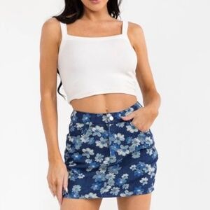 DARK WASH DENIM FLORAL SKIRT WITH SHORTS